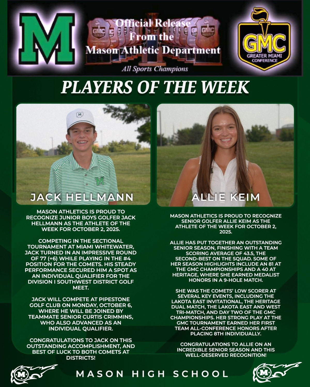 Junior Boys Golfer Jack Hellmann and Senior Girls Golfer Allie Keim have been selected as this week’s Senour-Flaherty Mason Athletes of the Week!